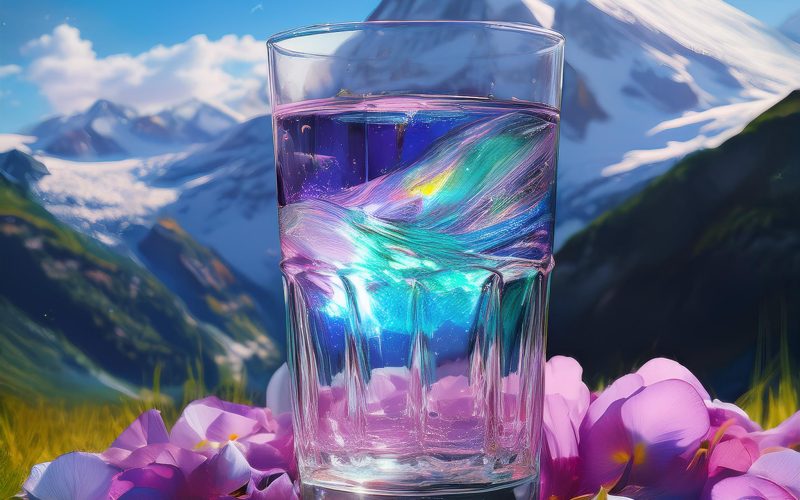 Firefly A crystal glass filled with sparkling water in a dreamy background of a large snow-capped mo(10)